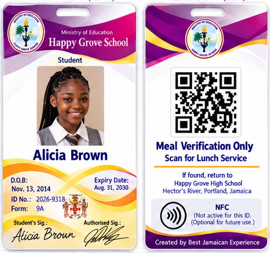A Happy Grove High School student ID card: the usual front with the student's photo and name, and the back with a QR code and the words Meal Verification Only, Scan for Lunch Service